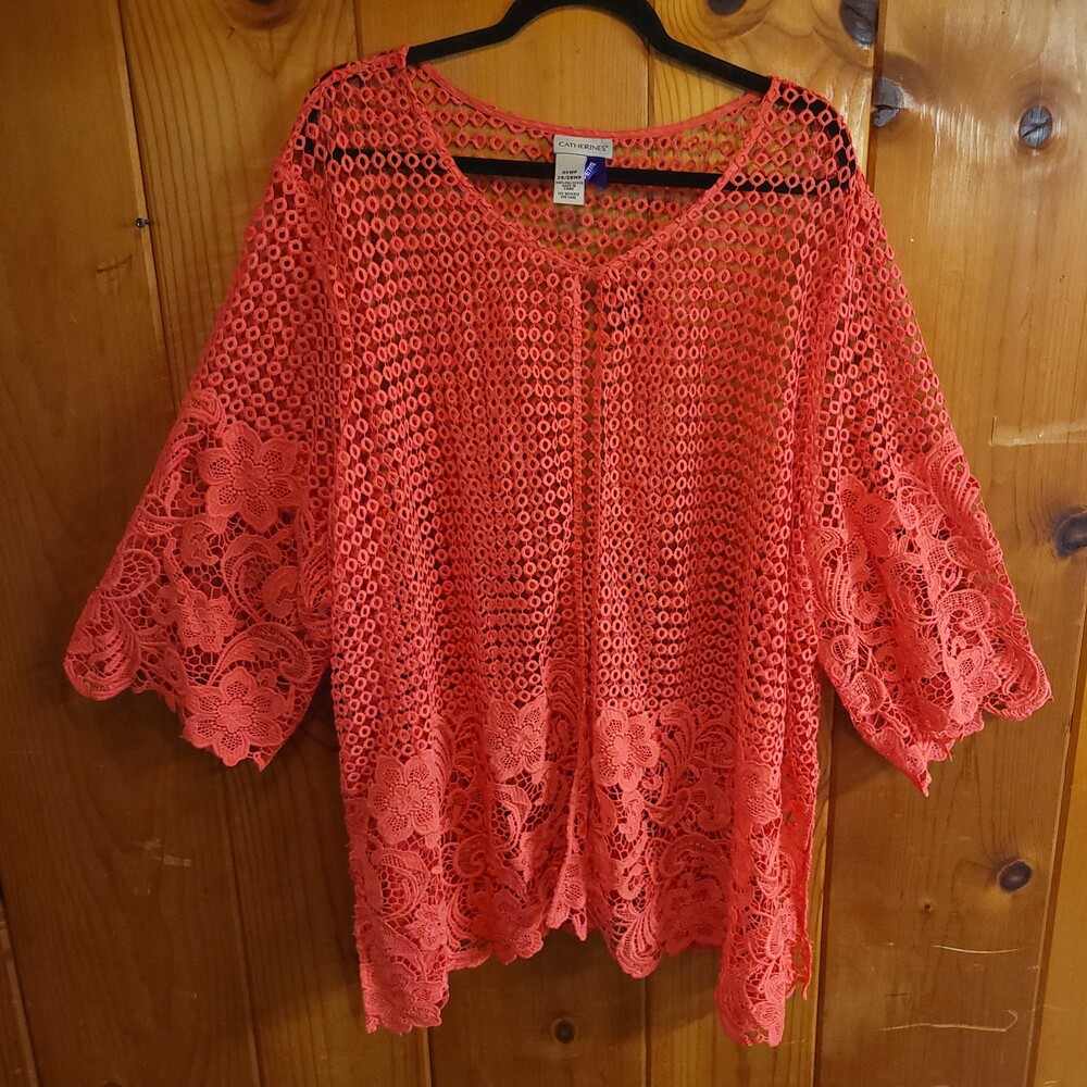 Catherines 3X Petite Coral Crochet Lace Cardigan
